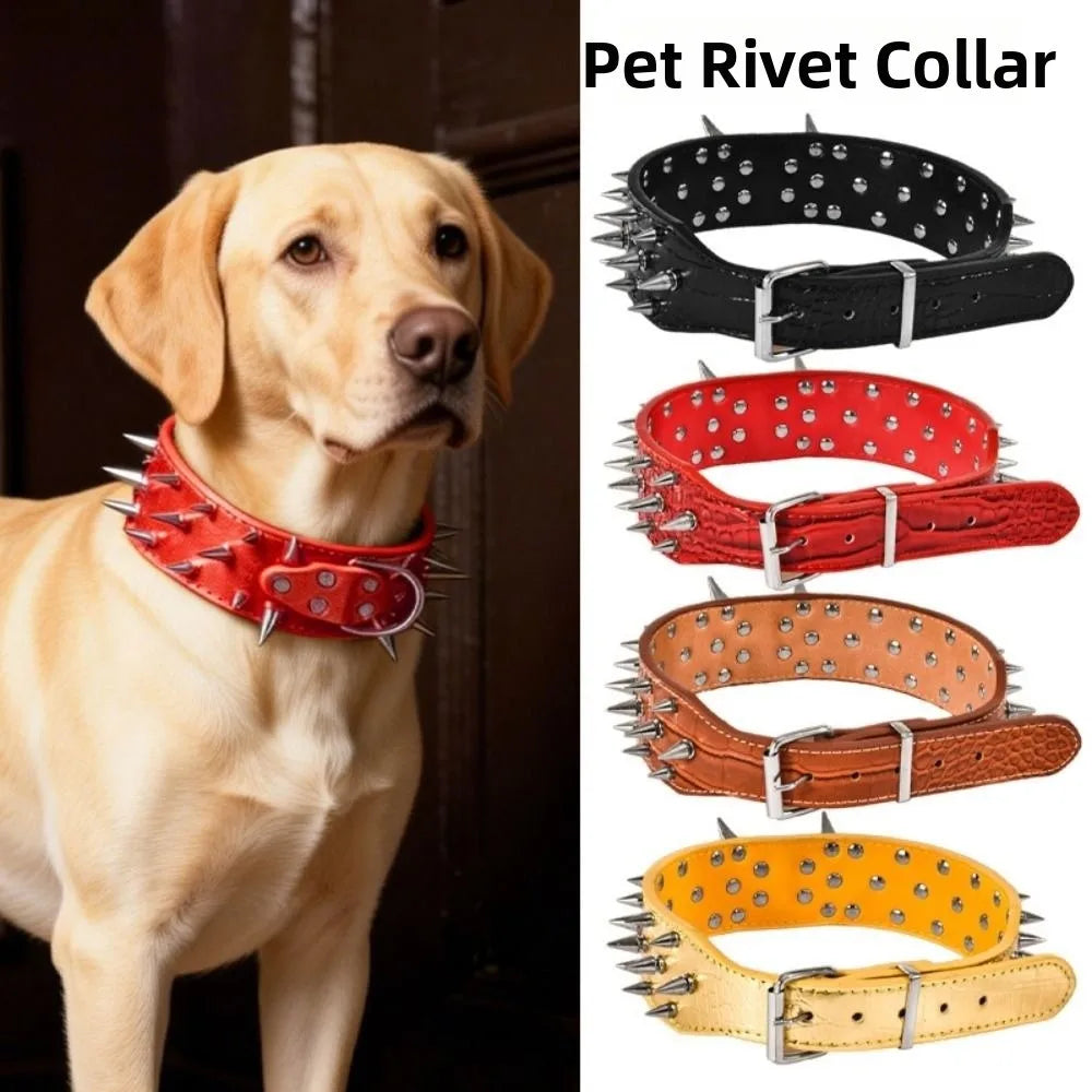 Spiked Dog Collar with Sharp Rivets, Adjustable PU Leather