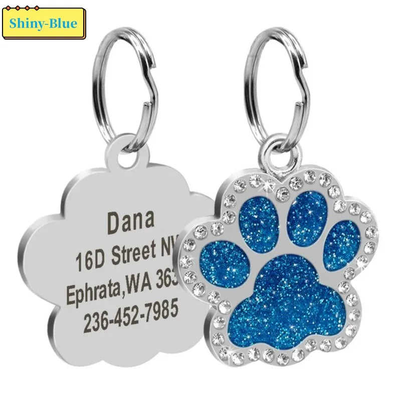 Glitter Paw Dog ID Tag, Engraved Stainless Steel Pet Tag