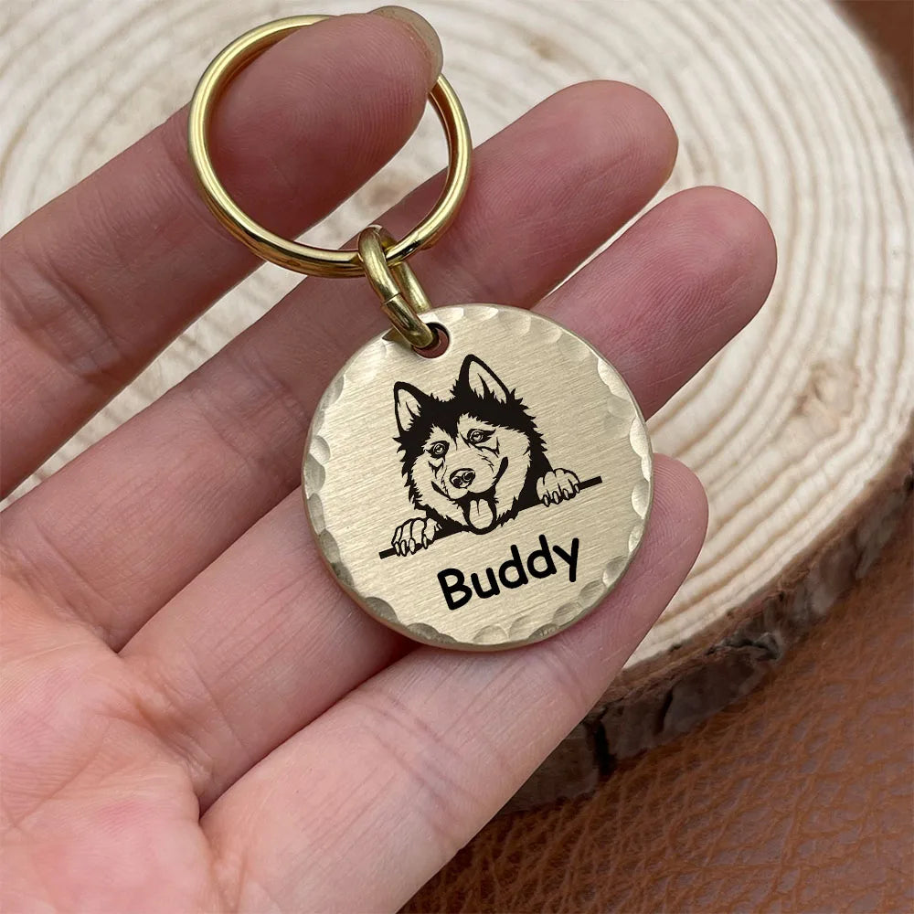 Personalized Brass Dog ID Tag, Hammered or Smooth Round Pet Tag