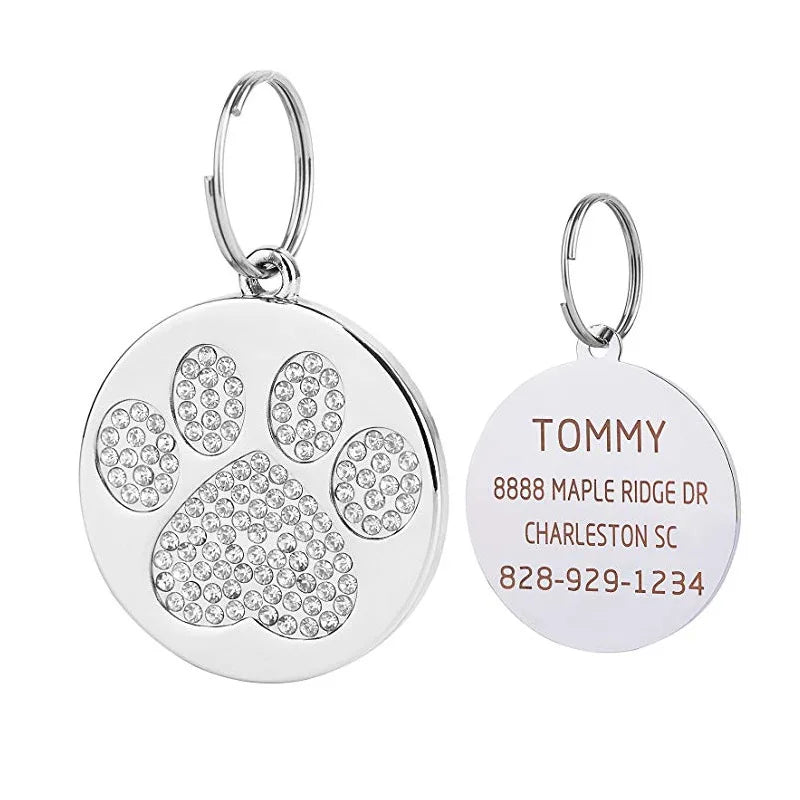 Glitter Paw Dog ID Tag, Engraved Stainless Steel Pet Tag