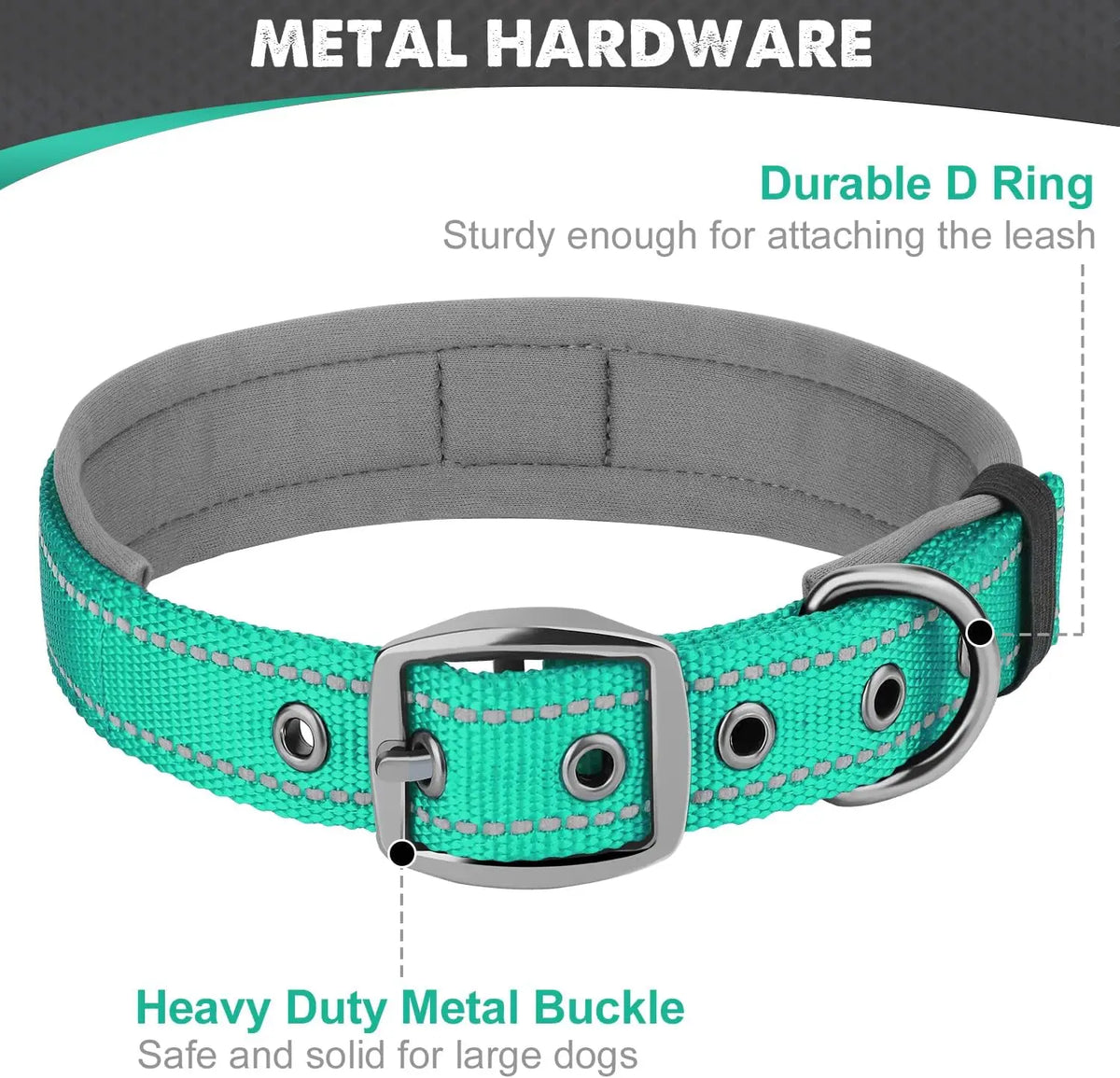 Heavy Duty Padded Dog Collar for Large Dogs, Reflective Nylon