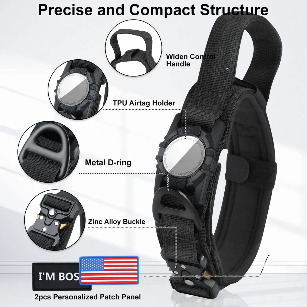 1000D Tactical AirTag Dog Collar with Control Handle