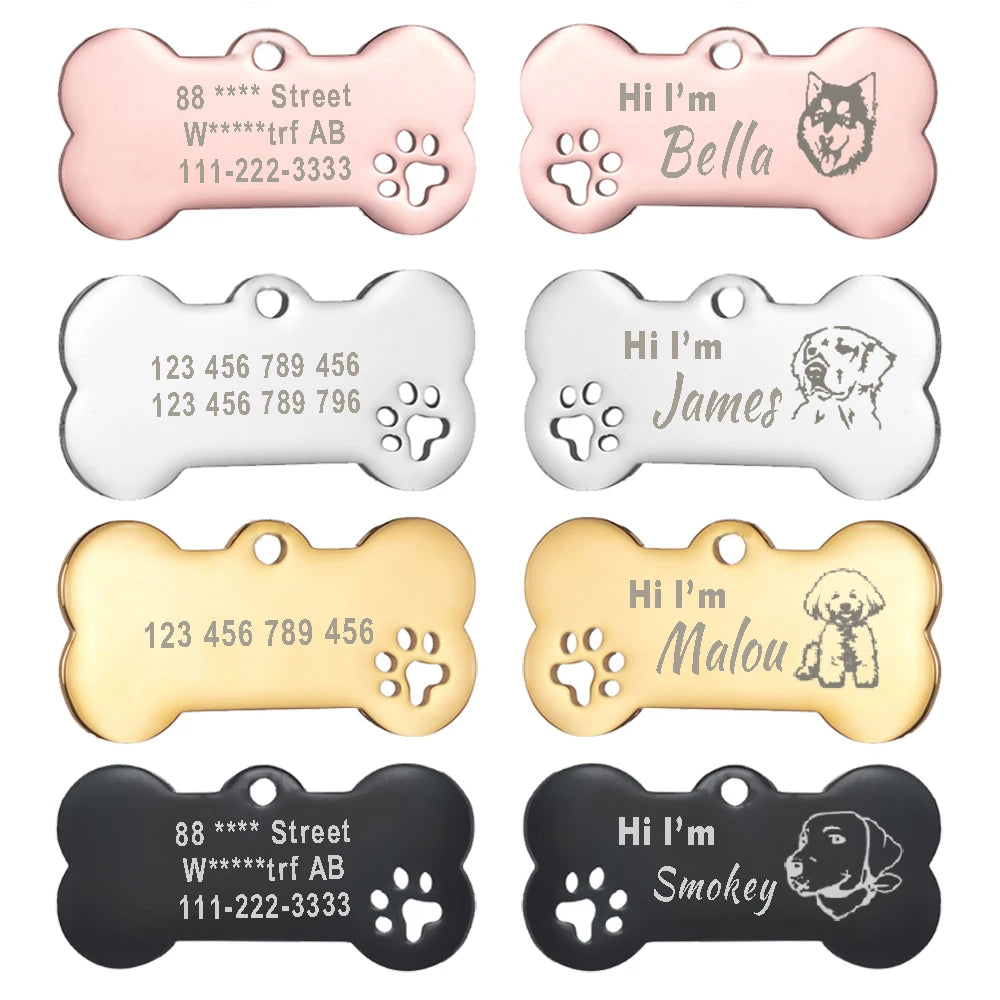 Engraved Bone Dog ID Tag, Personalized Stainless Steel Tag