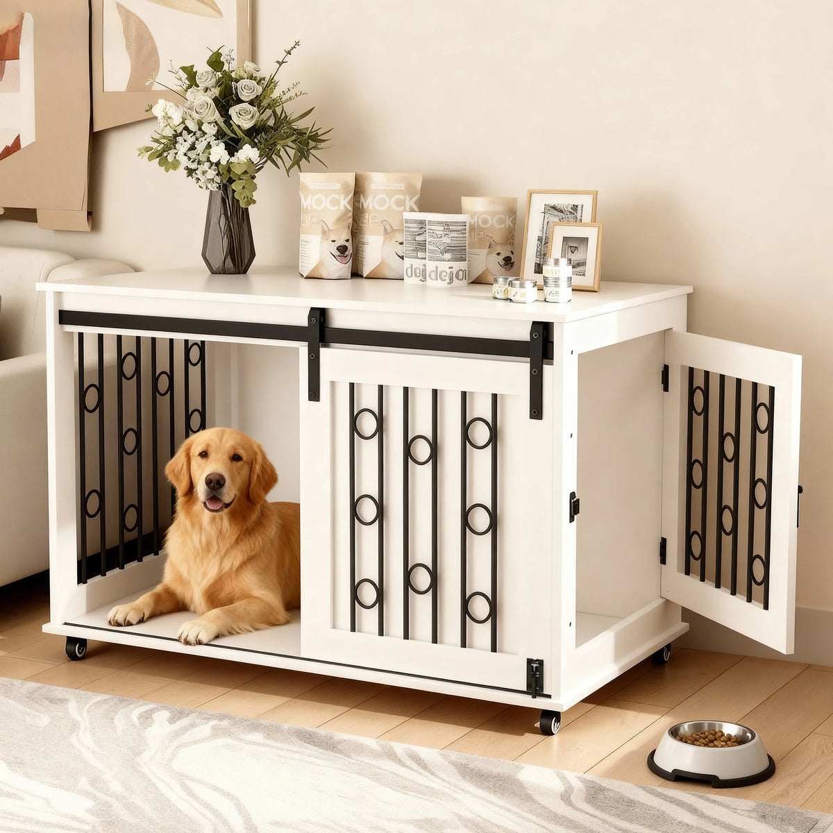 Modern Dog Crate Furniture with Sliding Barn Door