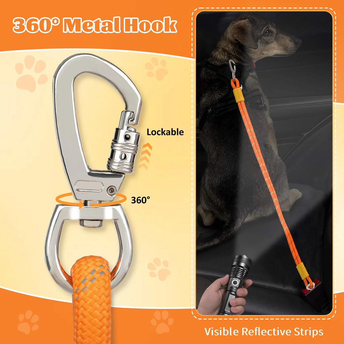 Dog Seat Belt Tether with Dual Reflective Ropes and Swivel Clip