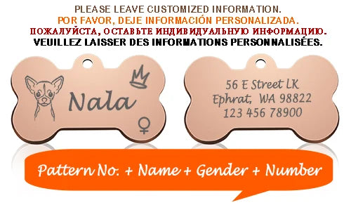 Engraved Dog Face Bone ID Tag, Personalized with Name and Gender