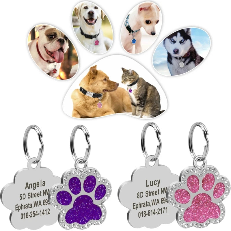 Glitter Paw Dog ID Tag, Engraved Stainless Steel Pet Tag