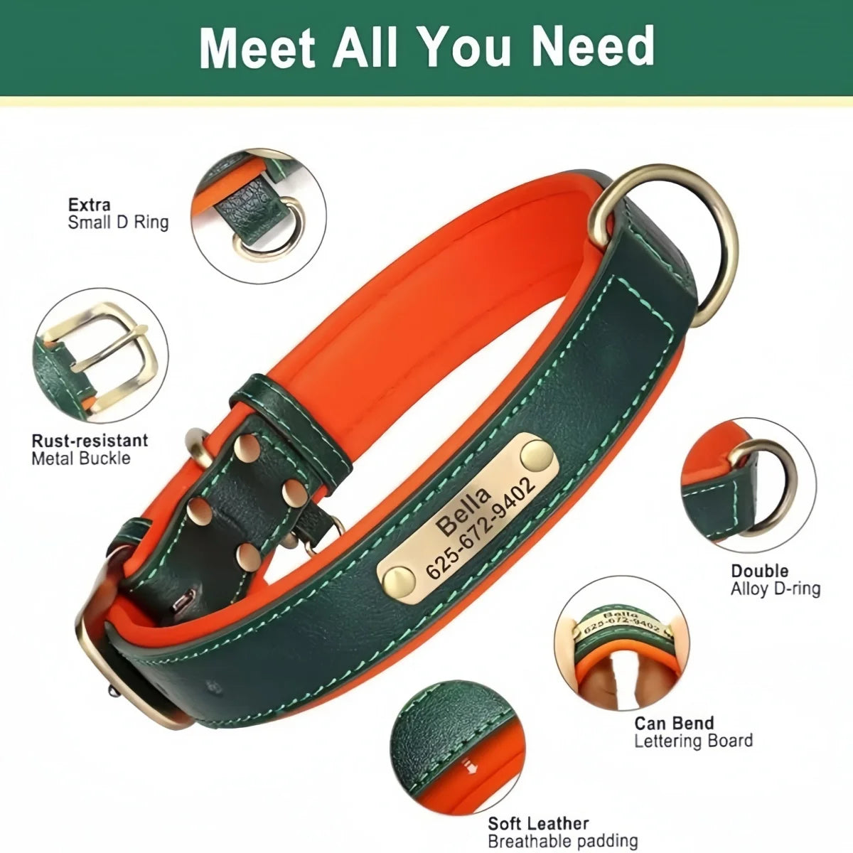 Personalized Leather Dog Collar with Engraved Nameplate ID Tag