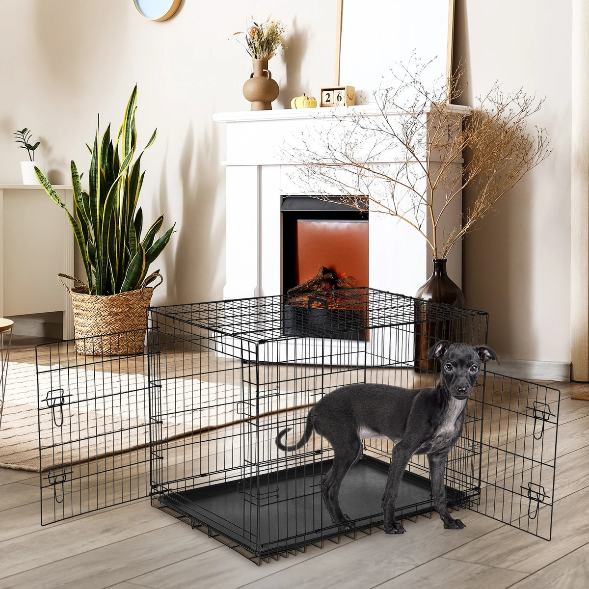 48 Inch Double Door Folding Dog Crate with Leak-Proof Tray