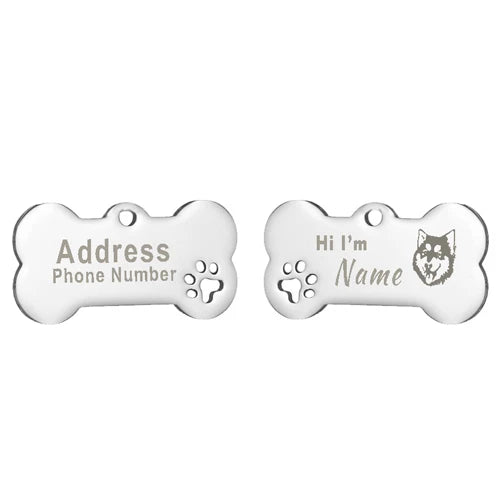 Engraved Bone Dog ID Tag, Personalized Stainless Steel Tag