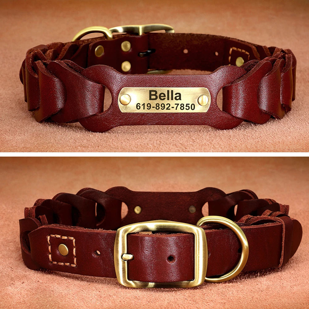 Genuine Leather Personalized Dog Collar for Pitbulls and Large Dogs