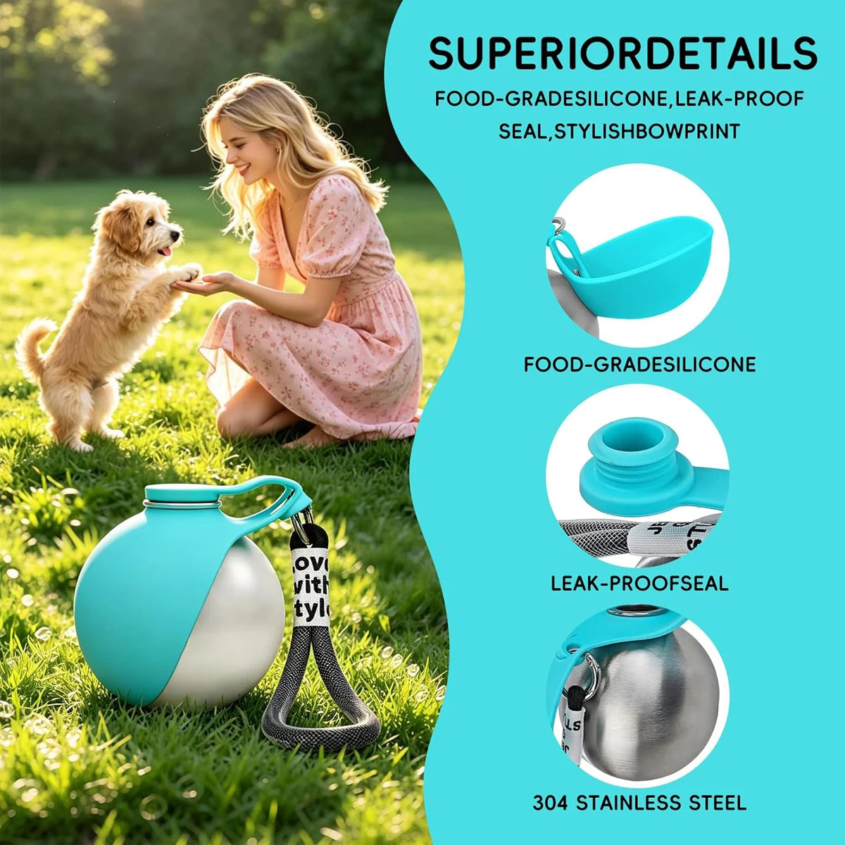 Portable Dog Water Bottle with Fold-Out Silicone Bowl, 9.6 oz