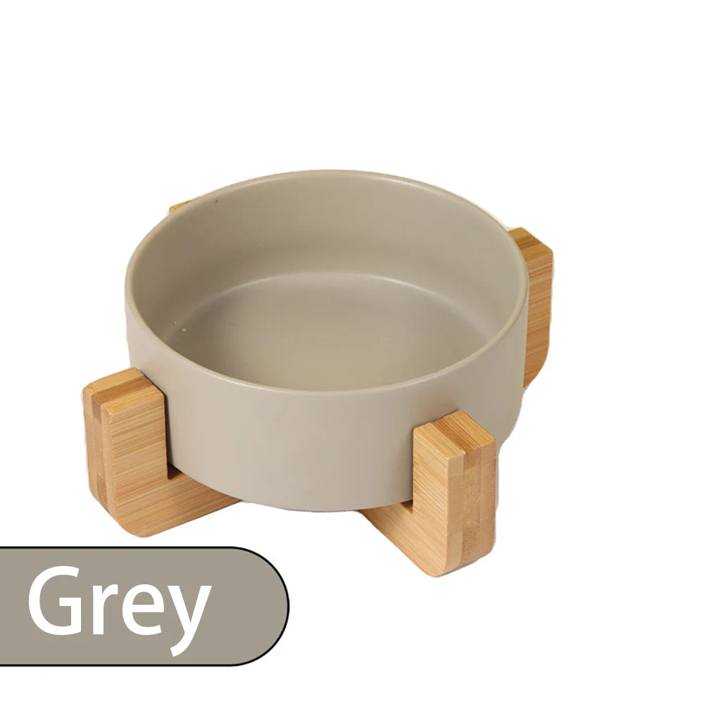 Personalized Ceramic Pet Bowl with Wood Stand for Cats and Small Dogs