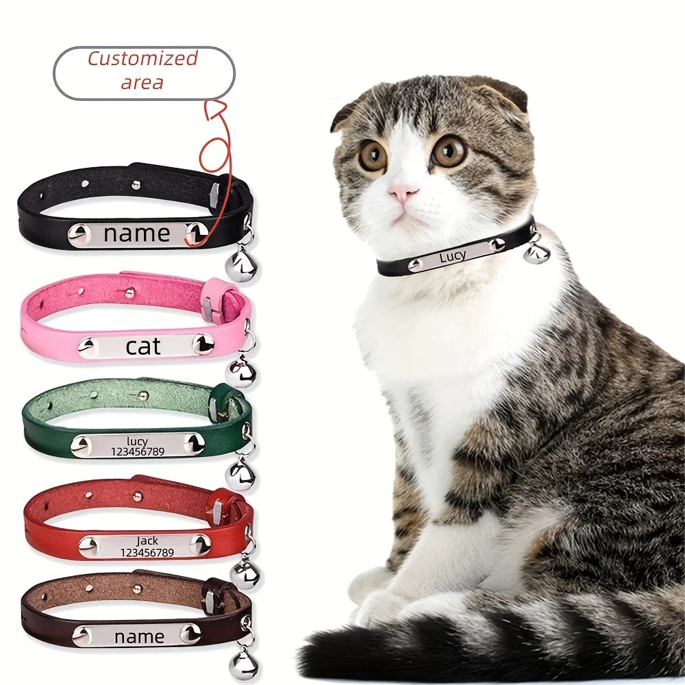 Personalized Leather Cat Collar with Bell and Engraved Nameplate