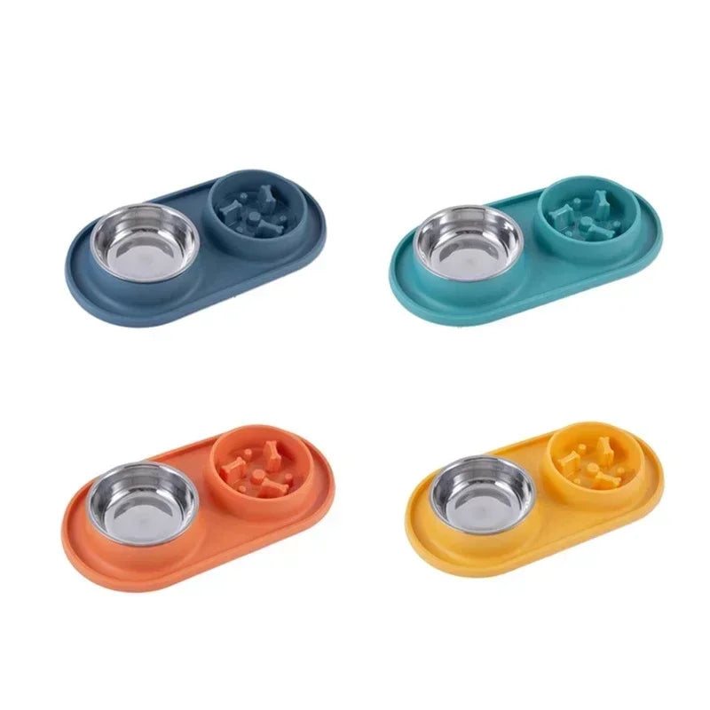Stainless Steel Double Dog Bowl with Non-Slip Silicone Mat