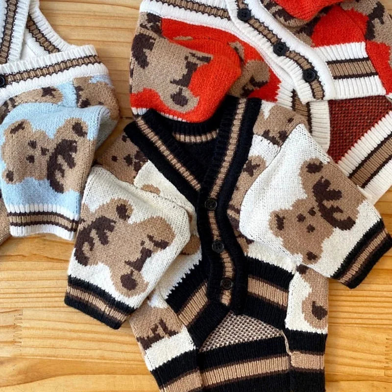 Knit Dog Cardigan Sweater for Small Dogs, Striped or Bear Print