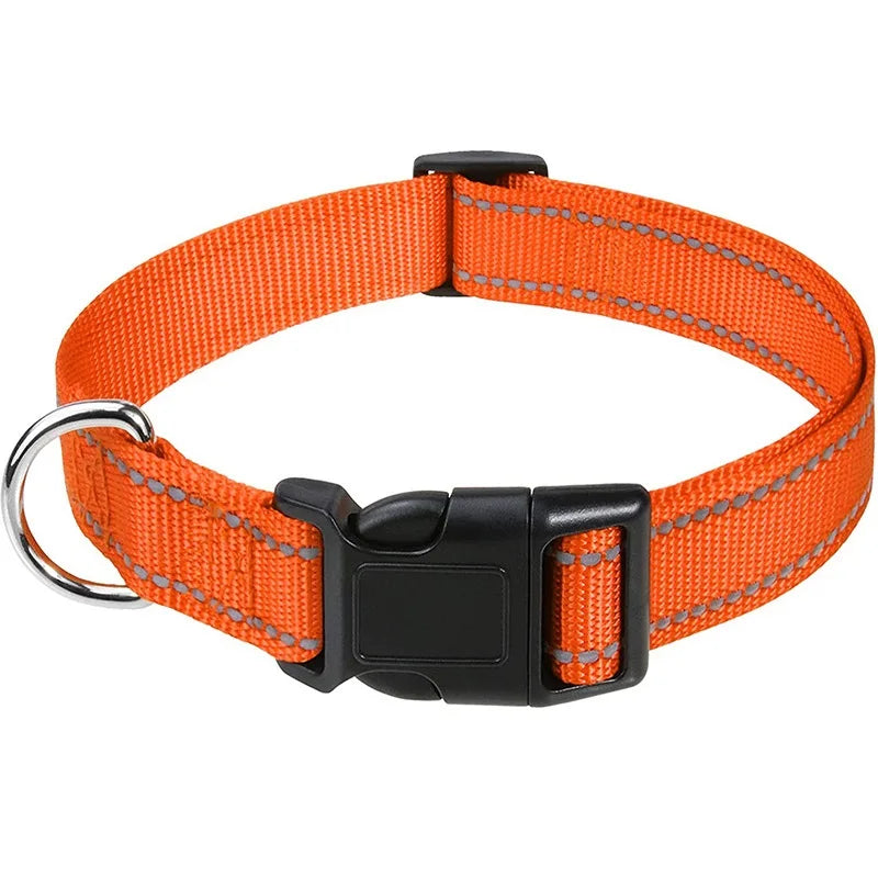 Reflective Nylon Dog Collar, Adjustable, XS to XL in 10 Colors