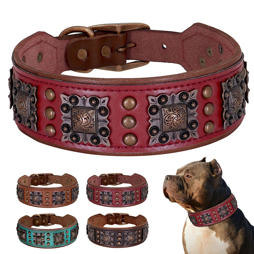 Genuine Leather Spiked Dog Collar, 2 Inch Wide for Large Dogs