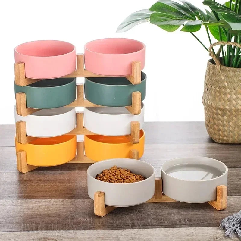 Elevated Ceramic Dog Bowl with Wood Stand