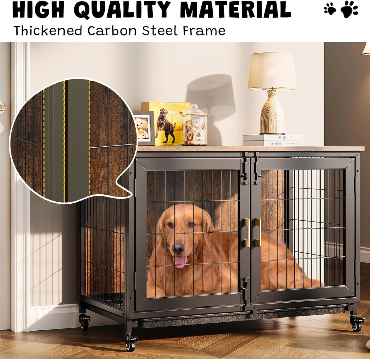 37.5in Wooden Dog Crate Furniture with Locking Wheels