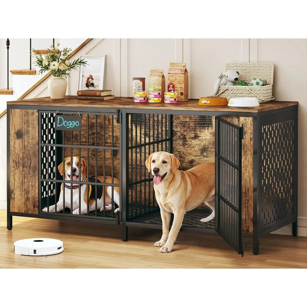 63 Inch Double Dog Crate Furniture for 2 Medium Dogs