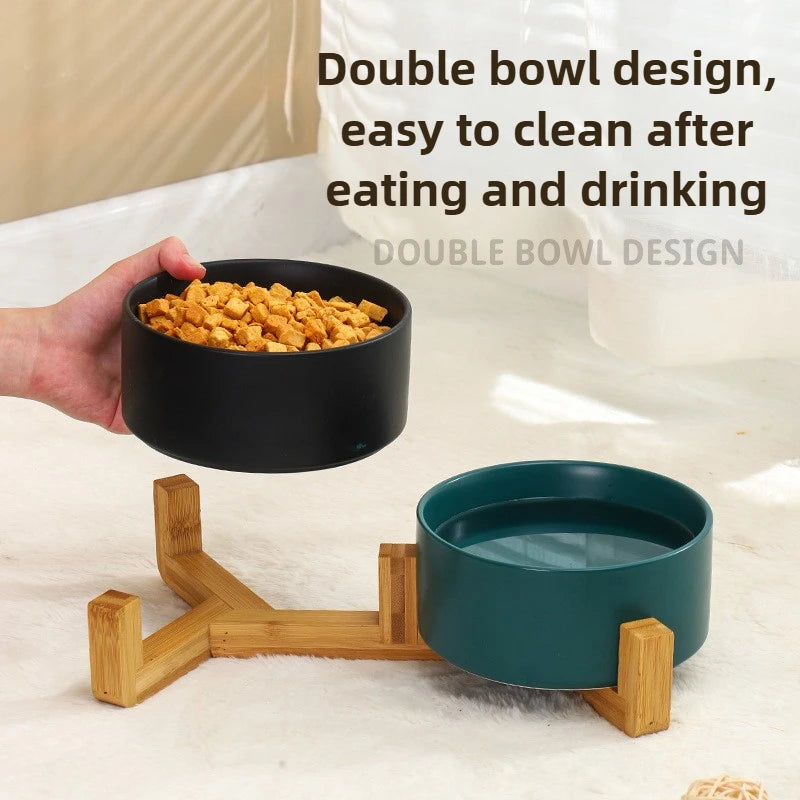 Elevated Ceramic Dog Bowl with Wood Stand