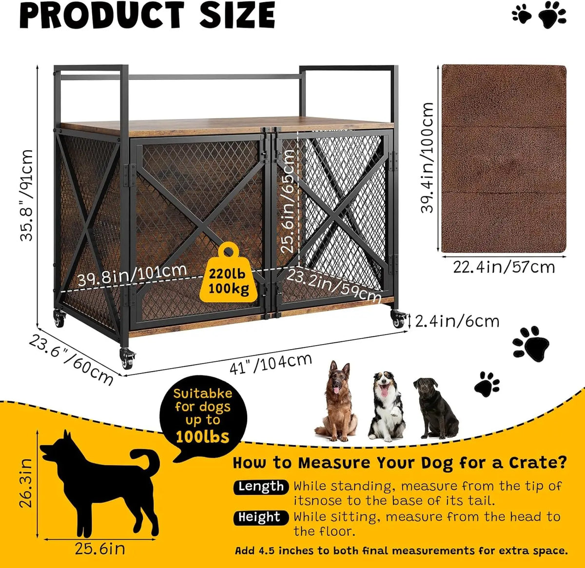 Heavy Duty Dog Crate Furniture with 360° Wheels