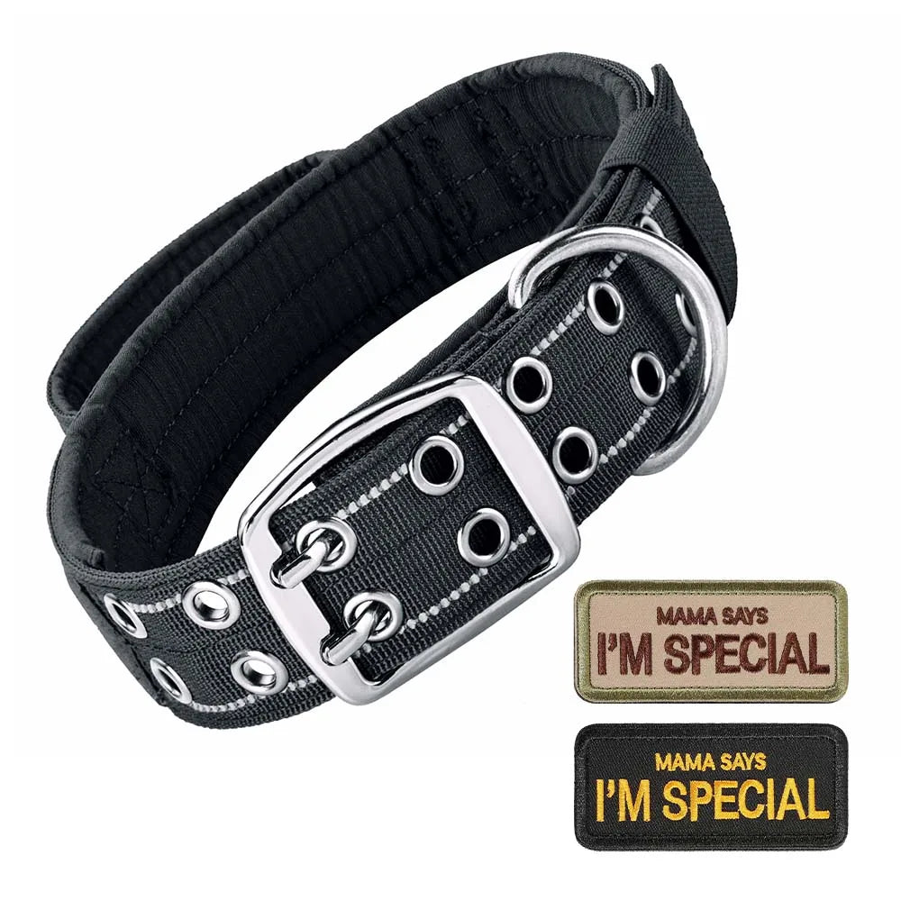Tactical Dog Collar with Handle, Double Buckle and Patches