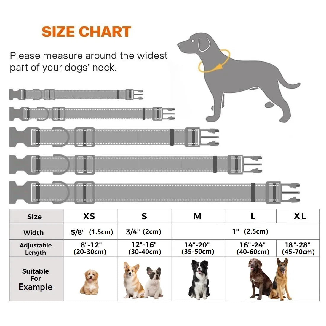 Reflective Nylon Dog Collar, Adjustable, XS to XL in 10 Colors
