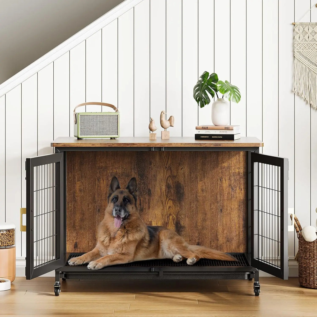 37.5in Wooden Dog Crate Furniture with Locking Wheels