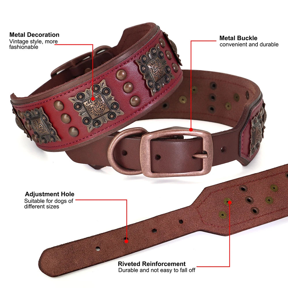 Genuine Leather Spiked Dog Collar, 2 Inch Wide for Large Dogs