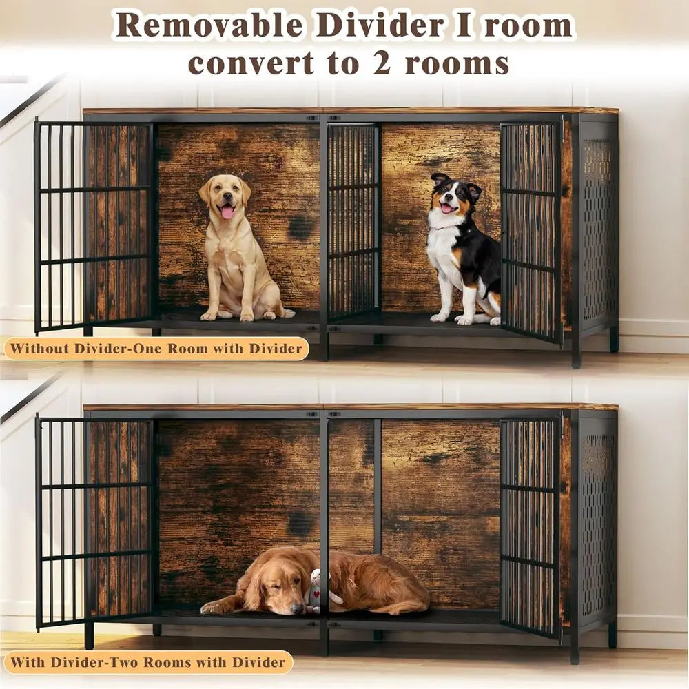 63 Inch Double Dog Crate Furniture for 2 Medium Dogs