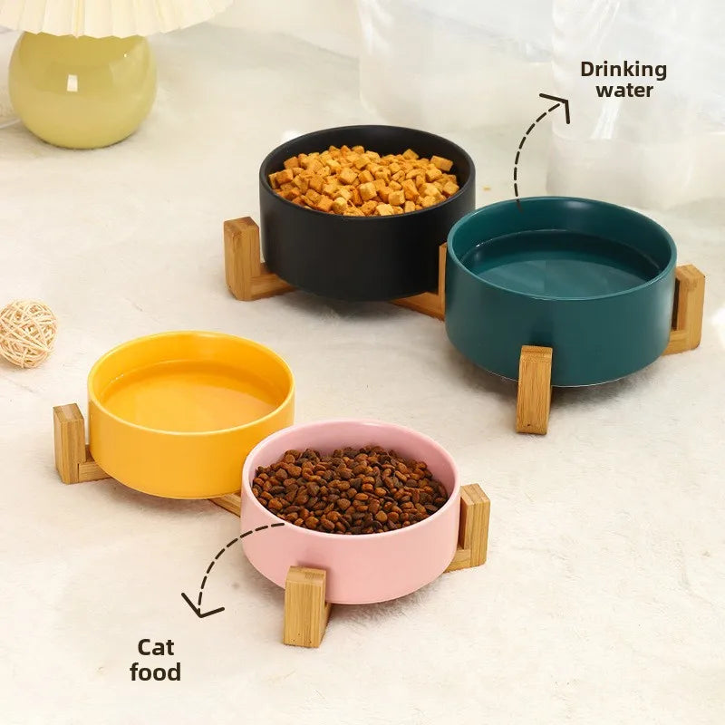 Elevated Ceramic Dog Bowl with Wood Stand