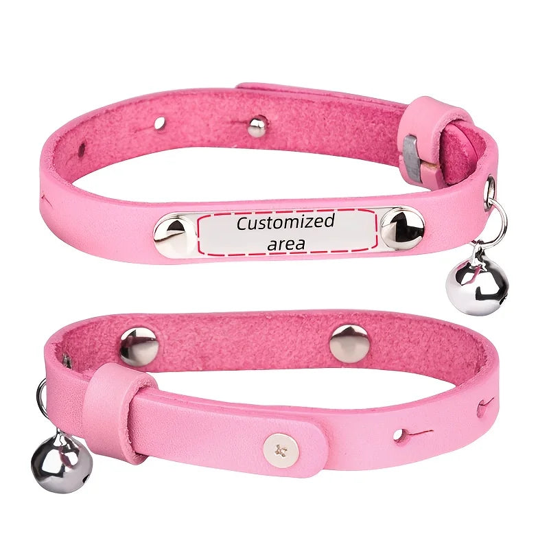 Personalized Leather Cat Collar with Bell and Engraved Nameplate