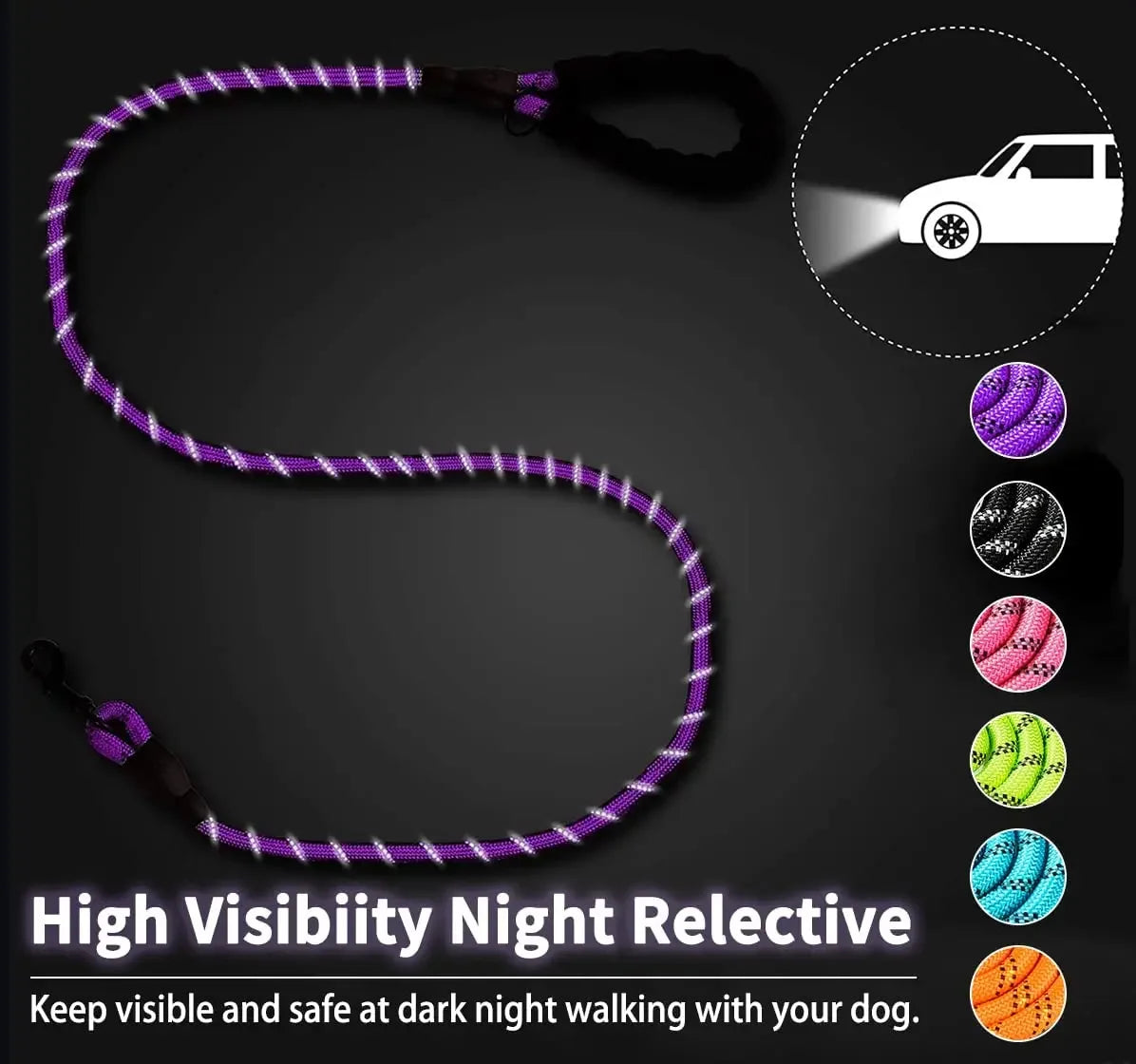 Reflective Rope Dog Leash with Foam Handle, 5 ft