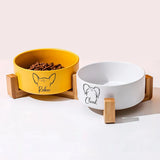 Personalized Ceramic Pet Bowl with Wood Stand for Cats and Small Dogs