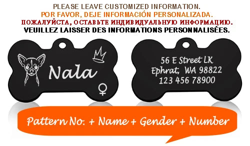 Engraved Dog Face Bone ID Tag, Personalized with Name and Gender