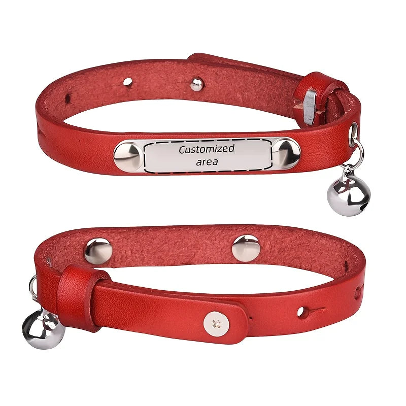 Personalized Leather Cat Collar with Bell and Engraved Nameplate