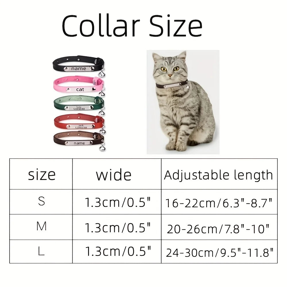Personalized Leather Cat Collar with Bell and Engraved Nameplate