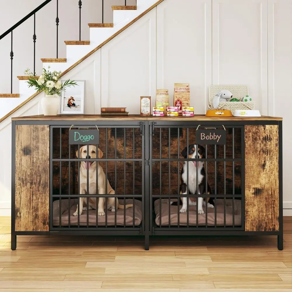 63 Inch Double Dog Crate Furniture for 2 Medium Dogs