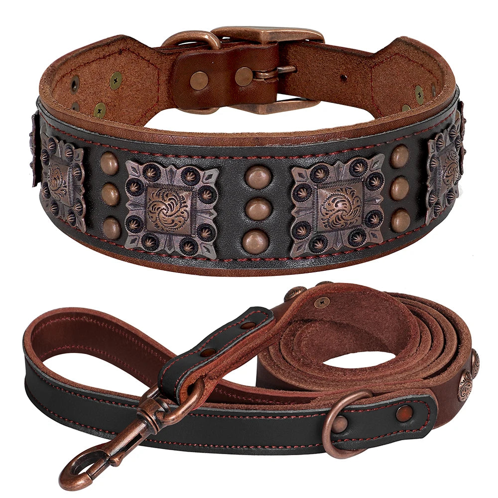Genuine Leather Dog Collar and Leash Set for Large Dogs