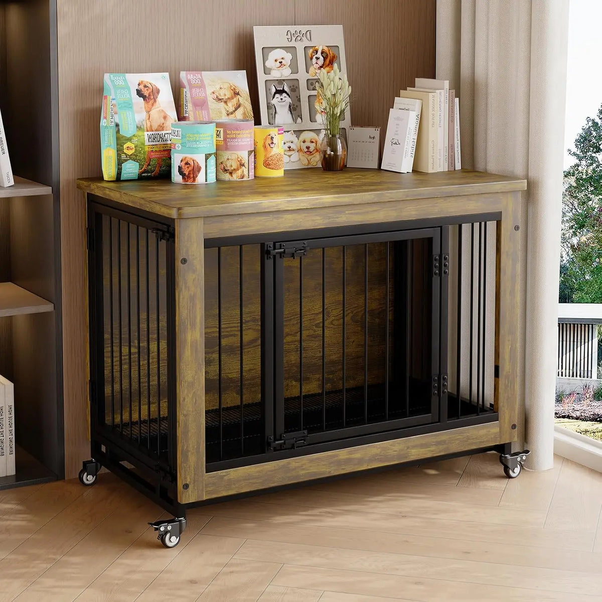 38 Inch Dog Crate Furniture with 3 Doors & Wheels