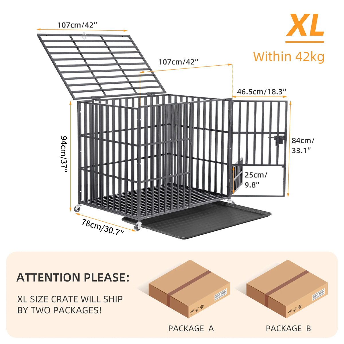 Large Heavy Duty Dog Crate with 4 Lockable Wheels