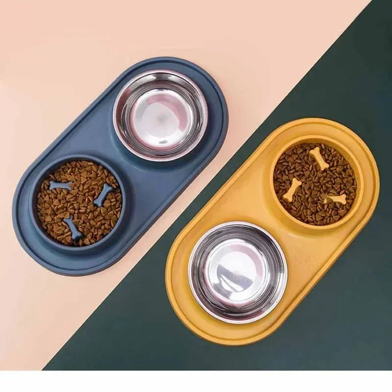 Stainless Steel Double Dog Bowl with Non-Slip Silicone Mat