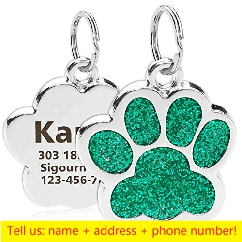 Glitter Paw Dog ID Tag, Engraved Stainless Steel Pet Tag