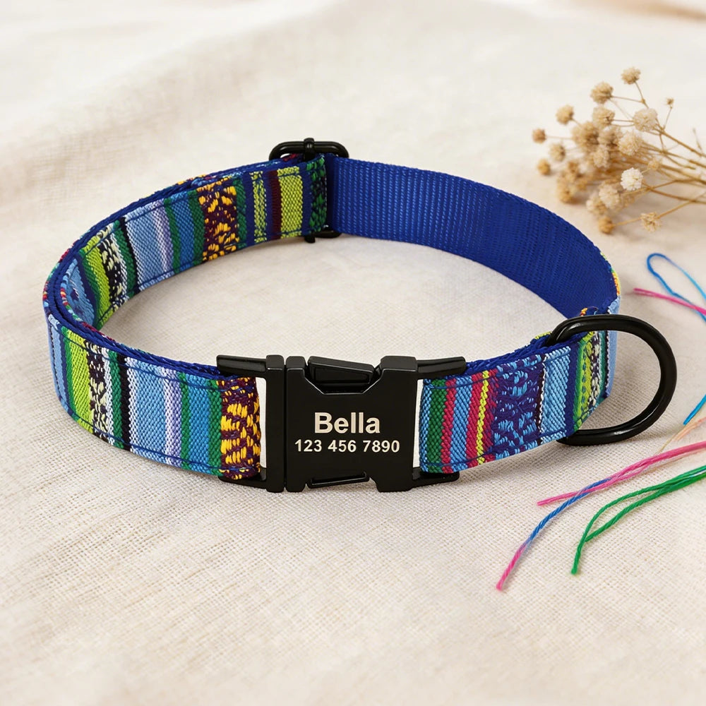 Personalized Nylon Dog Collar with Engraved Name and Metal Buckle