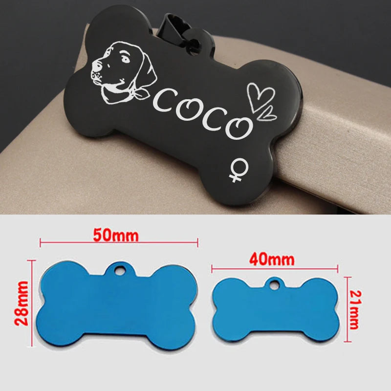 Engraved Dog Face Bone ID Tag, Personalized with Name and Gender