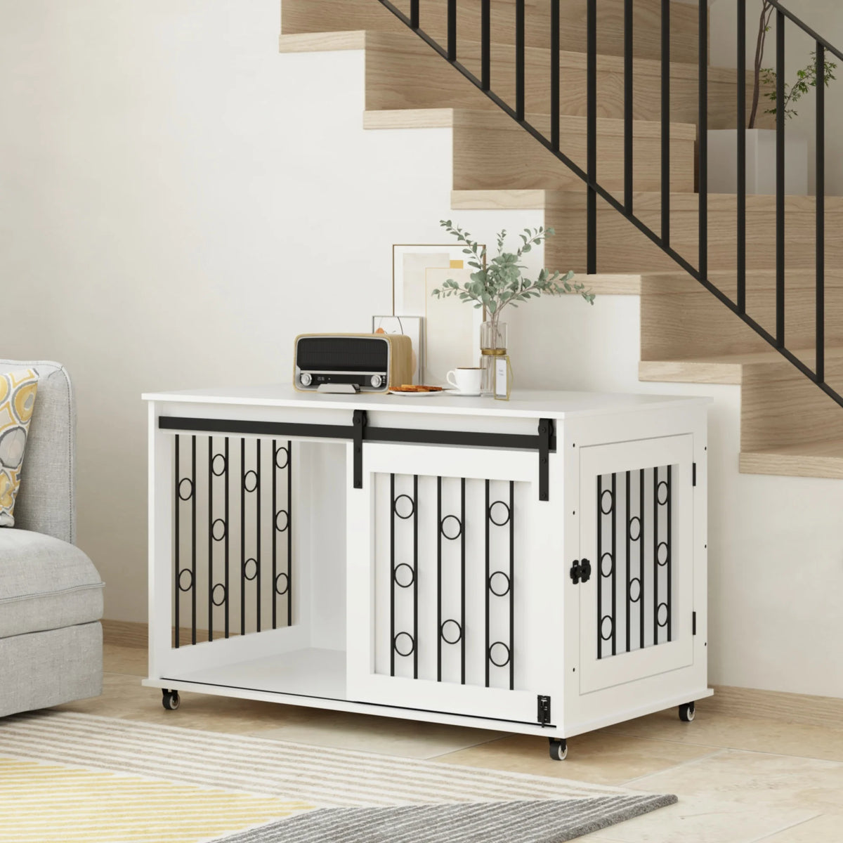Modern Dog Crate Furniture with Sliding Barn Door