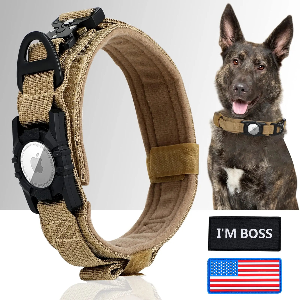 AirTag Dog Collar, Tactical Nylon with Handle and Metal Buckle