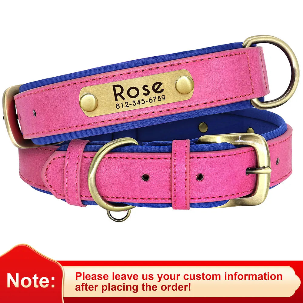 PU Leather Dog Collar with Engraved Nameplate ID Tag, Padded
